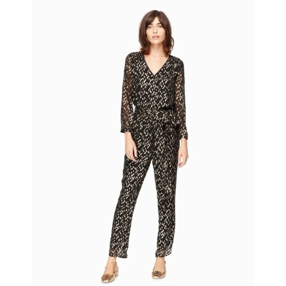 Kate Spade Jumpsuit Womens M Black Excellent Gold Metallic Fil Coupe Dot V-Neck
